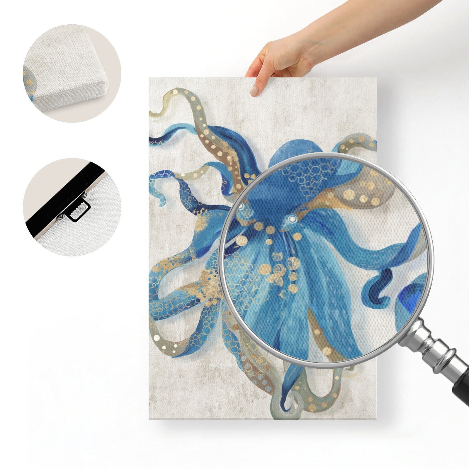 Modern octopus wall art canvas print, blue and gold design. Ready-to-hang canvas art for home decor.