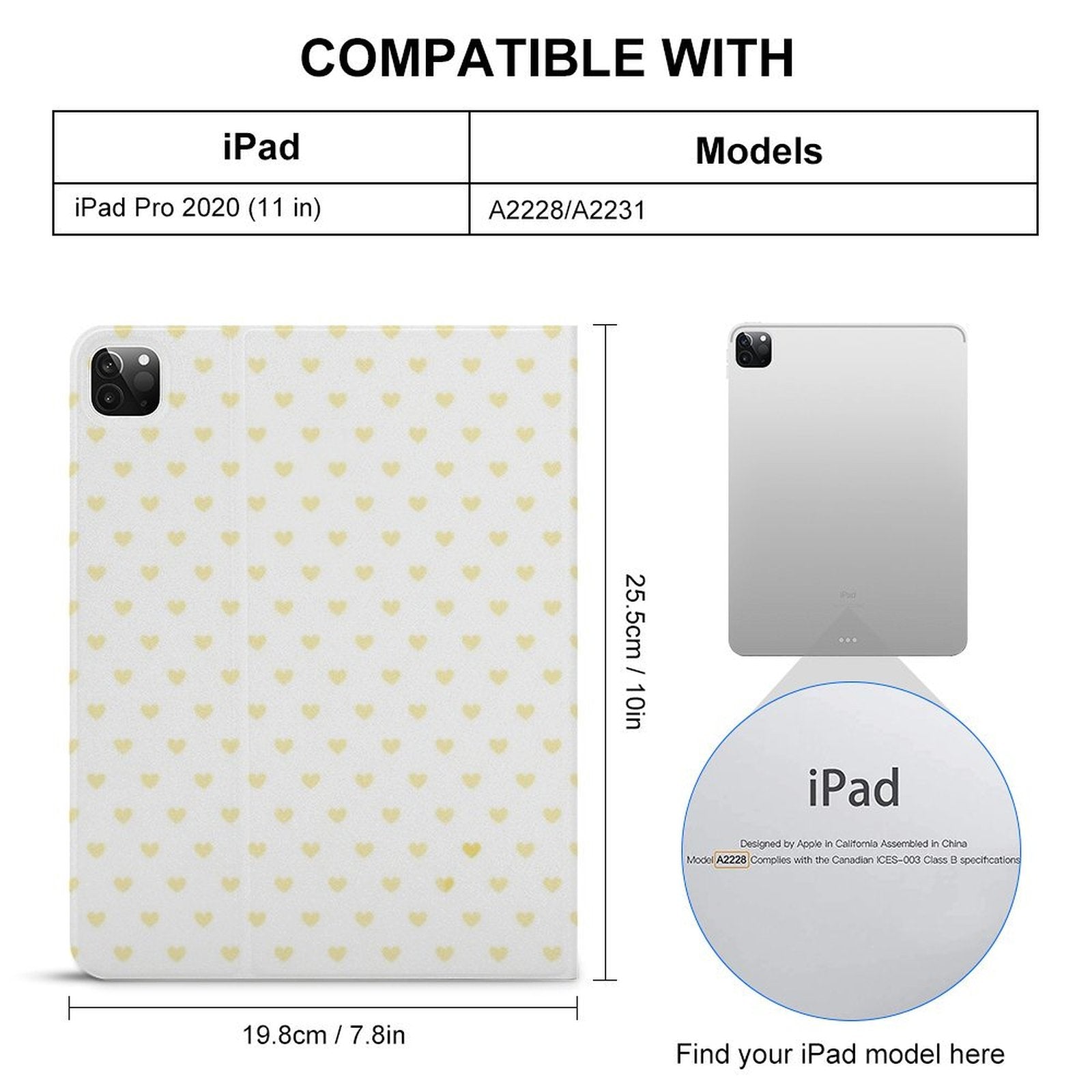 Custom iPad Pro 2020 case with heart pattern, soft TPU back cover. Compatible with A2228/A2231 models.