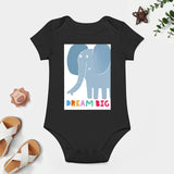 Black cotton baby bodysuit with blue elephant and "DREAM BIG" text, MyArtsyGift clothing
