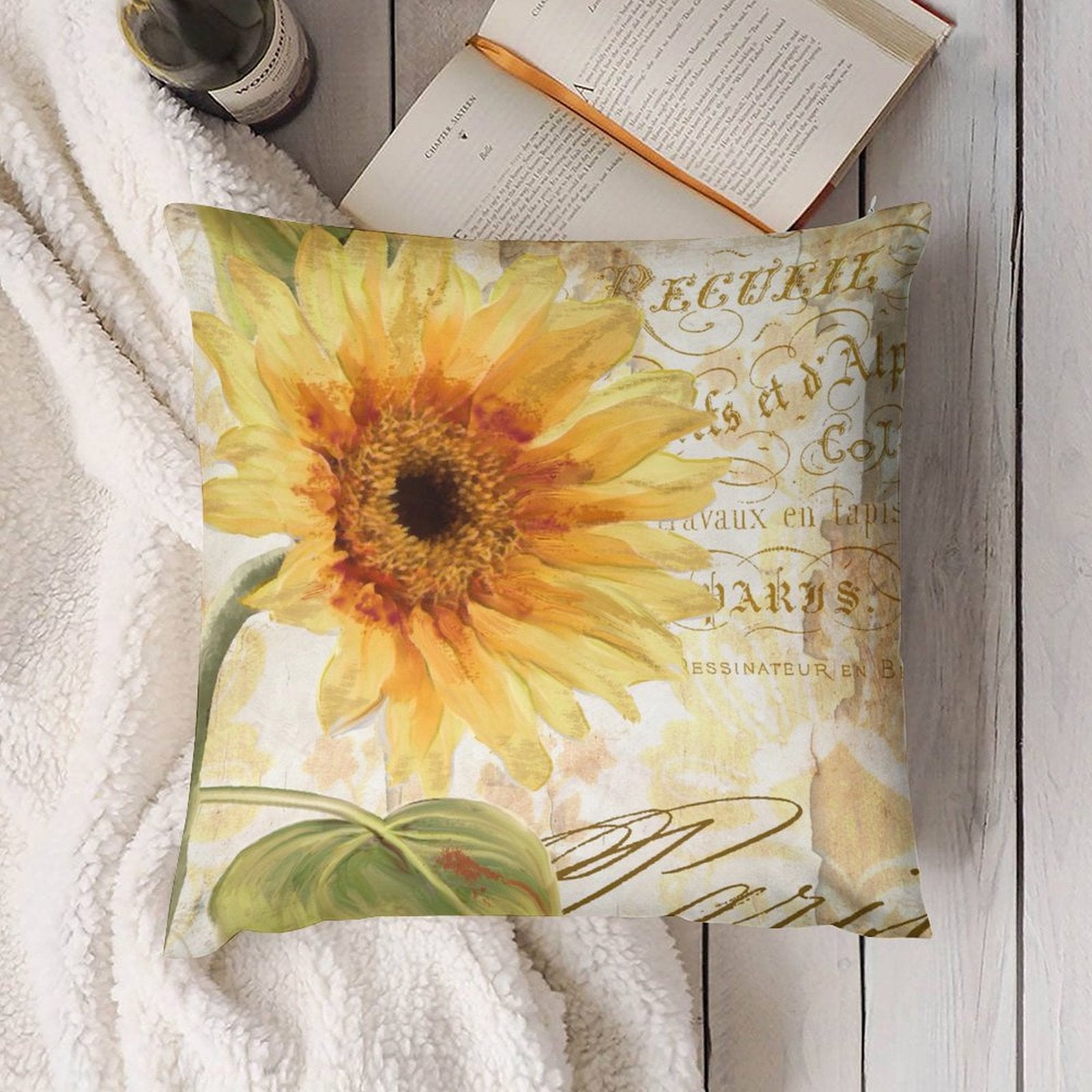 Vintage sunflower pillow cover with French text, soft plush material, for sofa and living room from MyArtsyGift