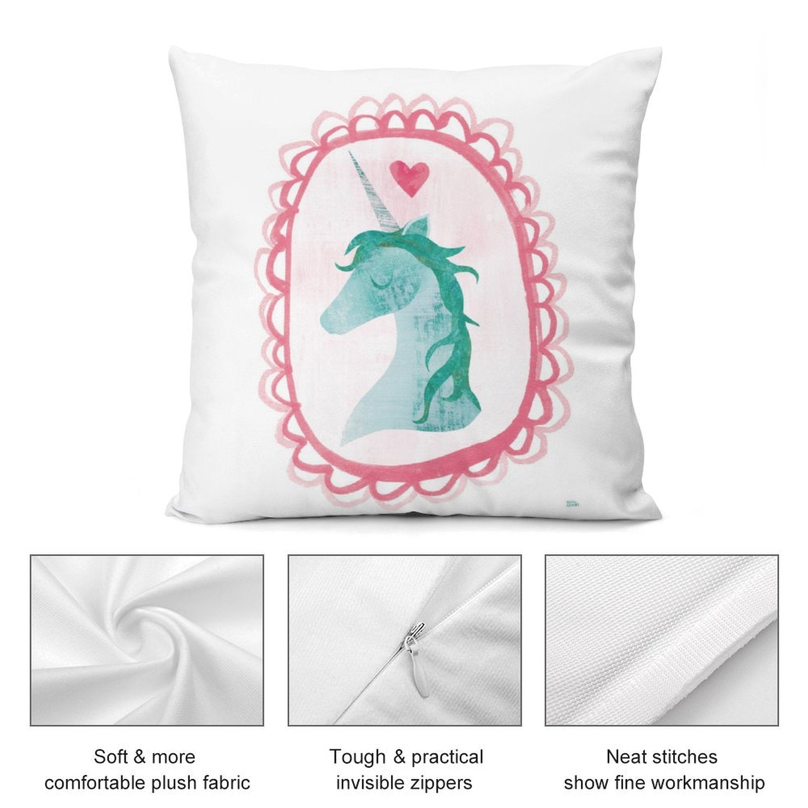 Unicorn pillow cover with plush fabric, invisible zipper, and neat stitching for home decor, sofa or couch.