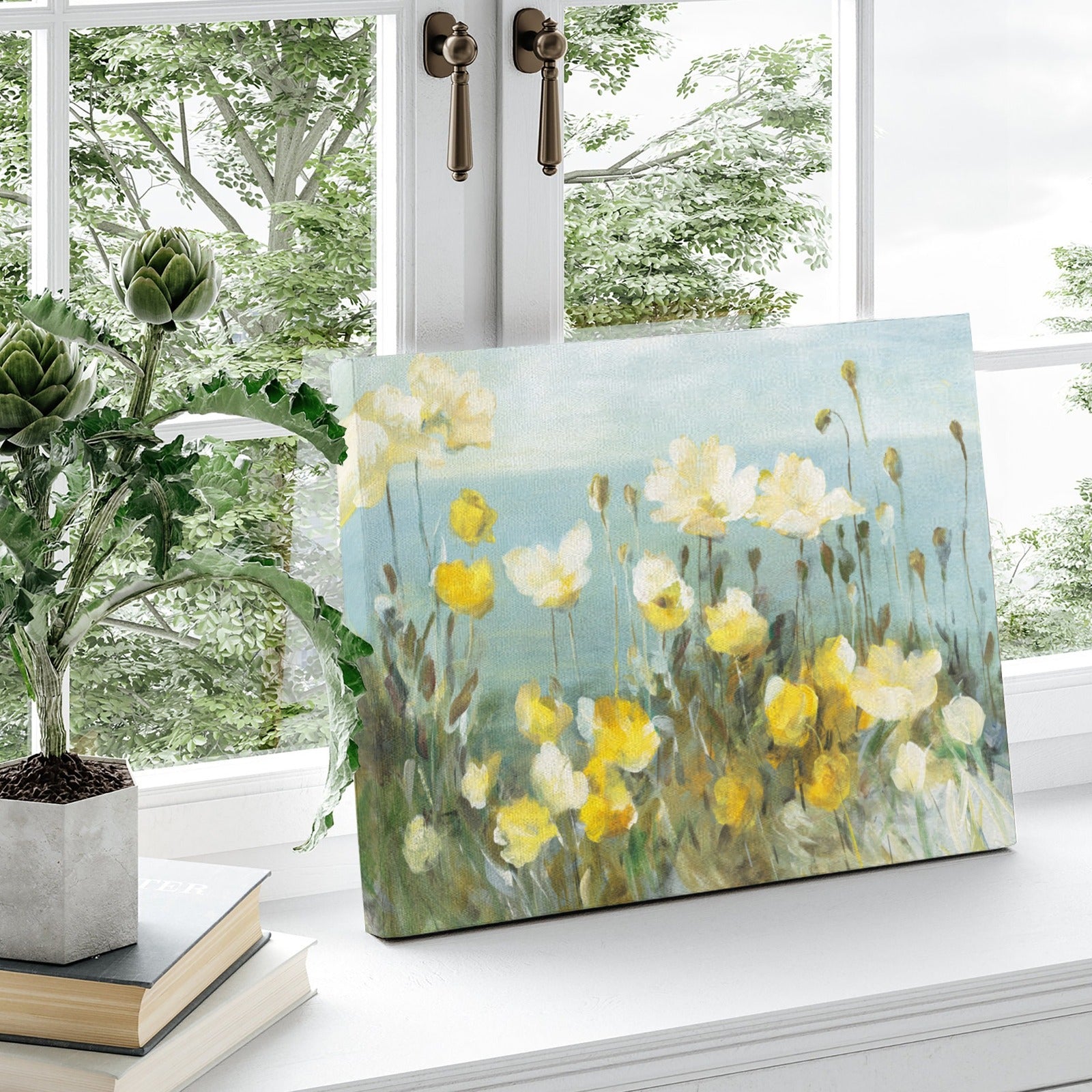Bright Crop Canvas Print of Yellow Poppy Flowers on blue, for wall decor.