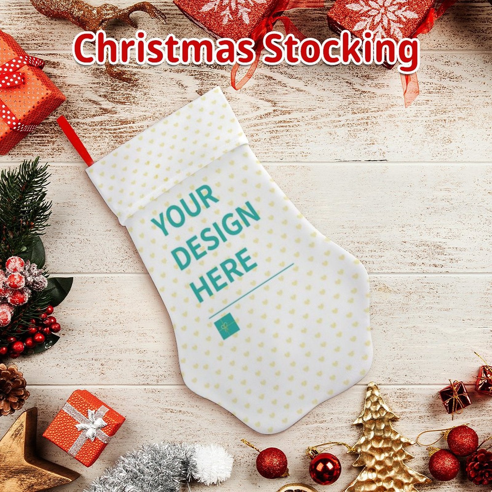 Personalized Christmas stocking, 'YOUR DESIGN HERE', polyester fabric, holiday gift, customizable design.