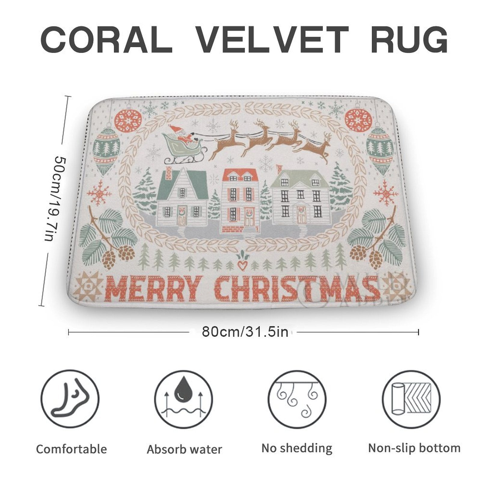 Coral Velvet Christmas bath rug, non-slip and absorbent, ideal for bathroom, kitchen, and bedroom decor.