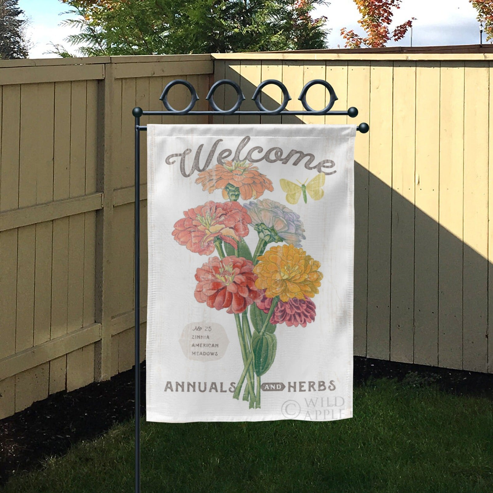 Double-sided farmhouse garden flag with zinnias, welcome text, made in USA, garden decor