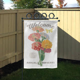 Double-sided farmhouse garden flag with zinnias, welcome text, made in USA, garden decor