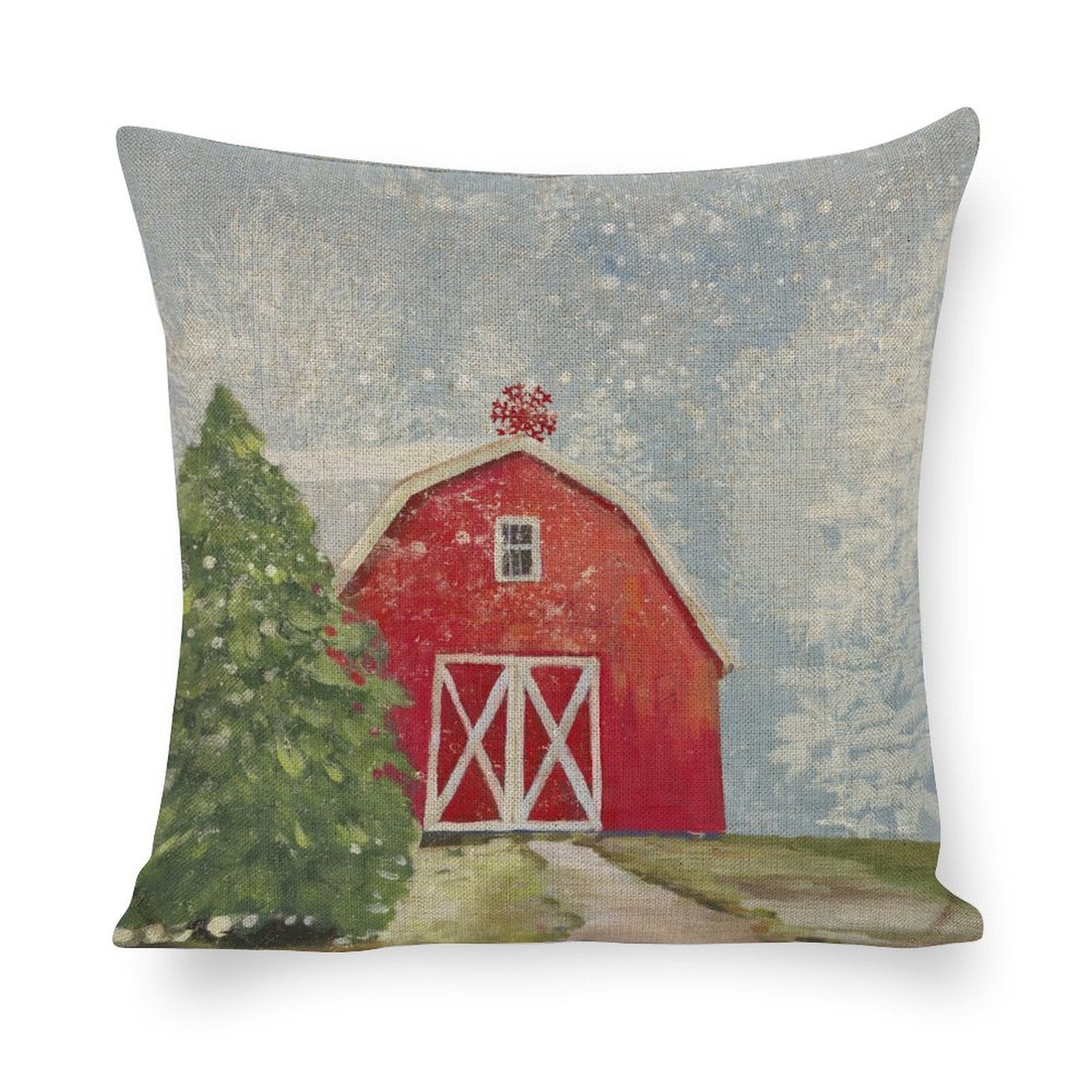 Christmas pillow case set of 4, red barn with Christmas tree, cotton linen throw pillow for bedroom, living room