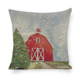 Christmas pillow case set of 4, red barn with Christmas tree, cotton linen throw pillow for bedroom, living room