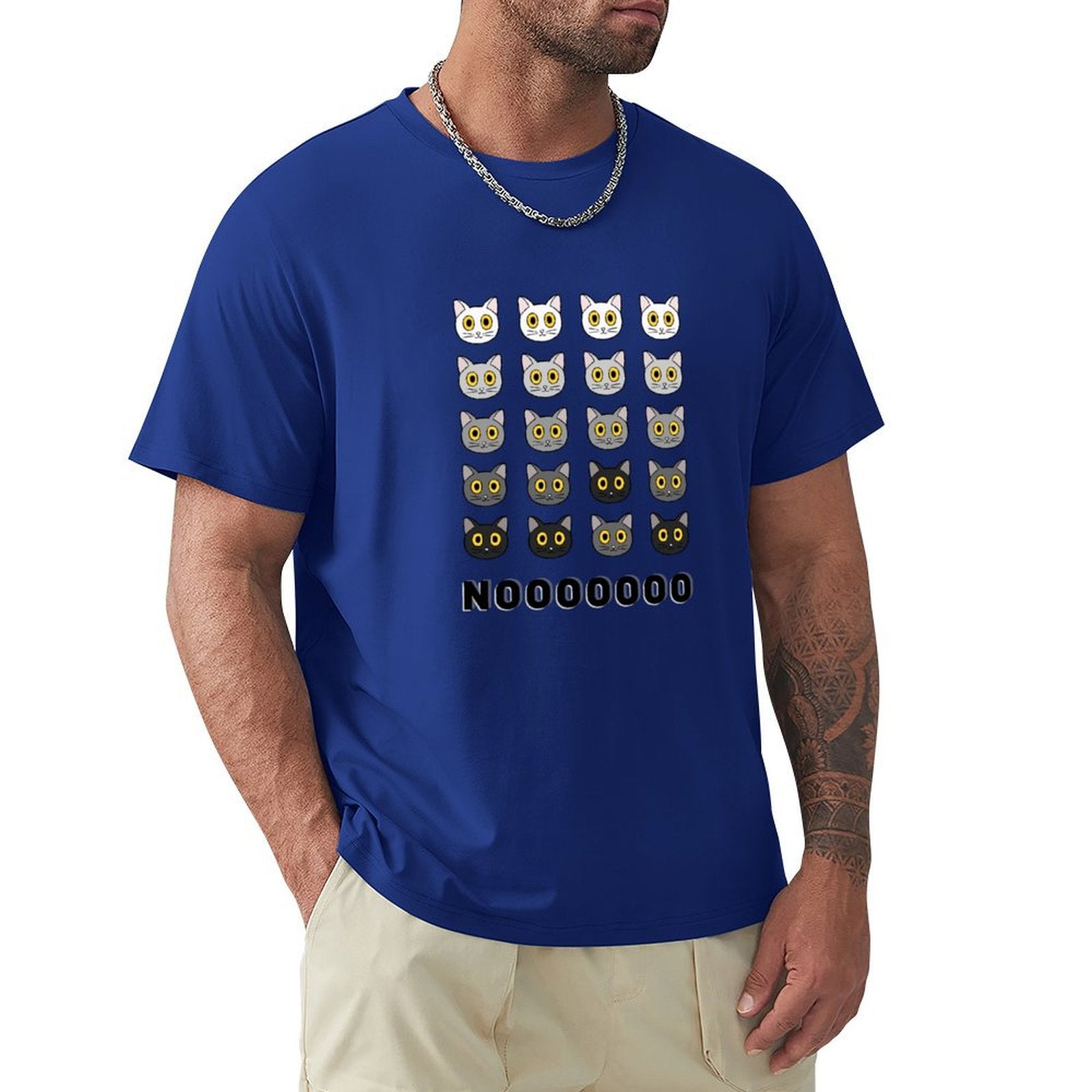 MyArtsyGift Men's blue short sleeve tee featuring repeating cat faces and 'NOOOOOOOO' text design