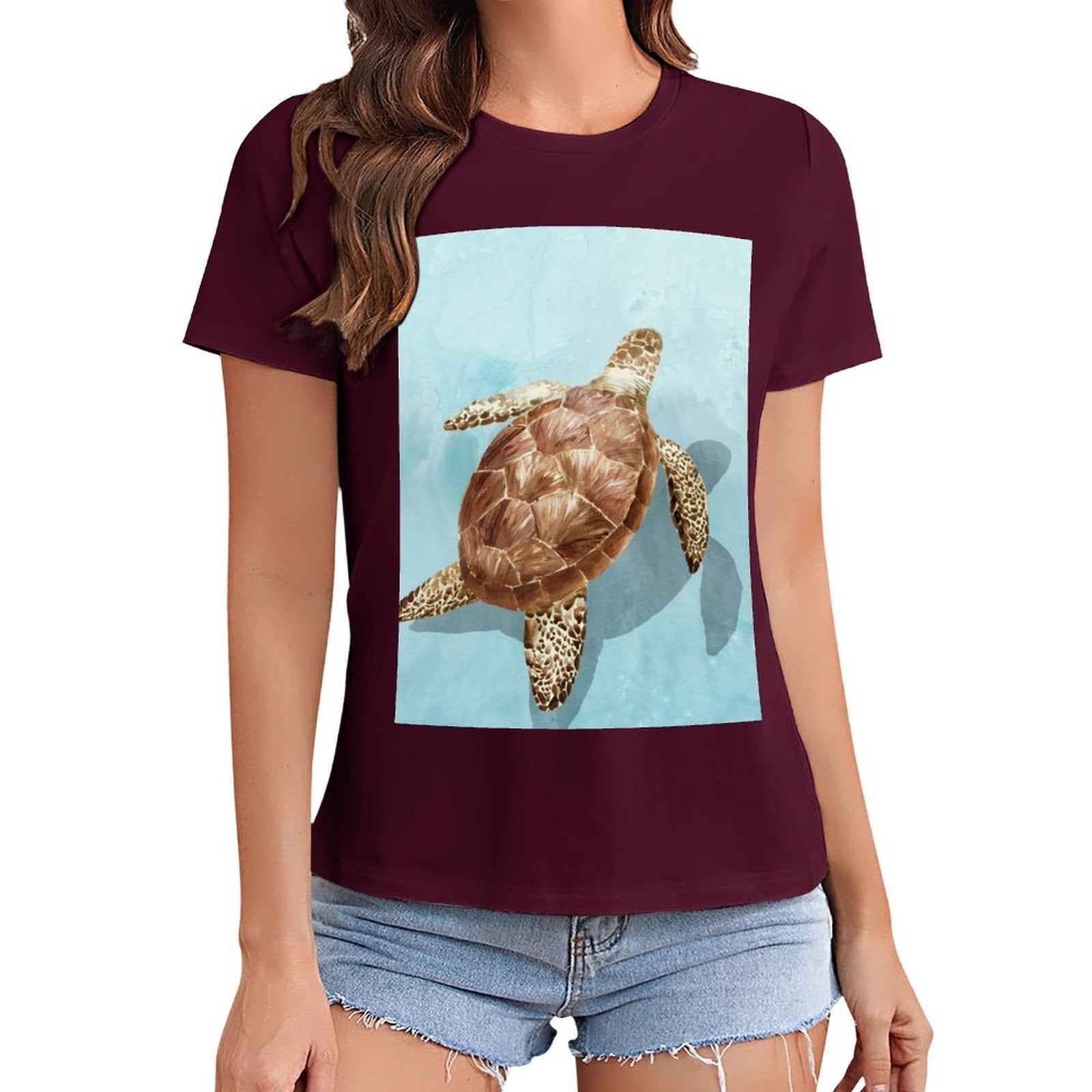 Burgundy women's t-shirt with sea turtle graphic, MyArtsyGift, summer fashion, crewneck tee