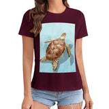Burgundy women's t-shirt with sea turtle graphic, MyArtsyGift, summer fashion, crewneck tee