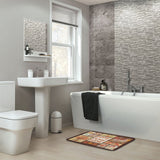 Coral velvet bath rug in bathroom, 'Home Sweet Home' design, non-slip, autumn theme, bathroom carpet