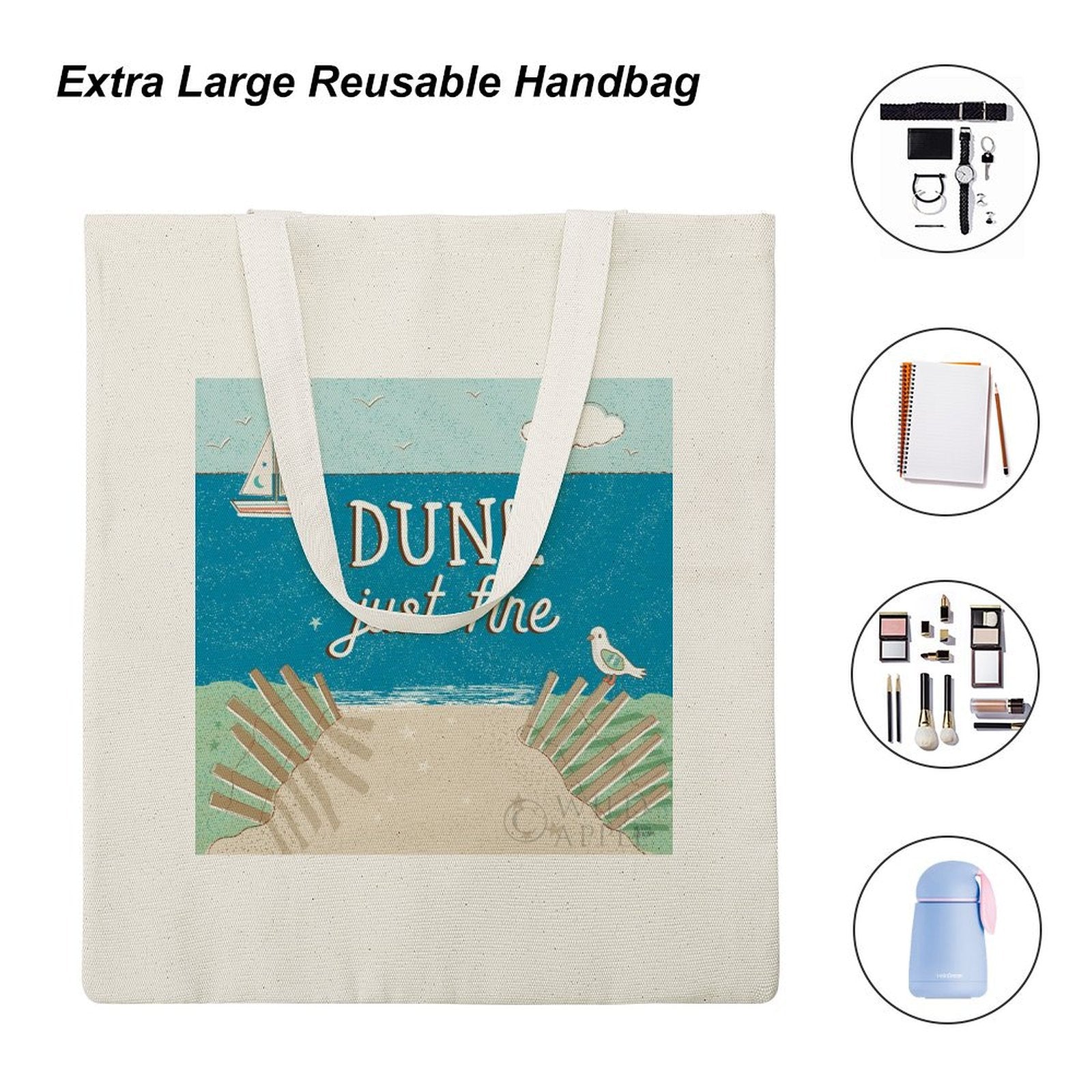 Canvas tote bag with beach graphic and "DUNE just fine" text, eco-friendly cloth shopping bag.