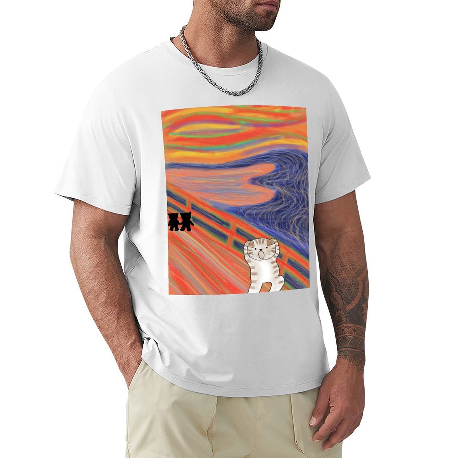 Men's white classic tee featuring cat 'The Scream' art print, perfect for any occasion.