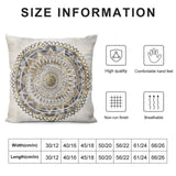 Gold mandala design pillow cover, soft and breathable, with size chart for sofa or couch