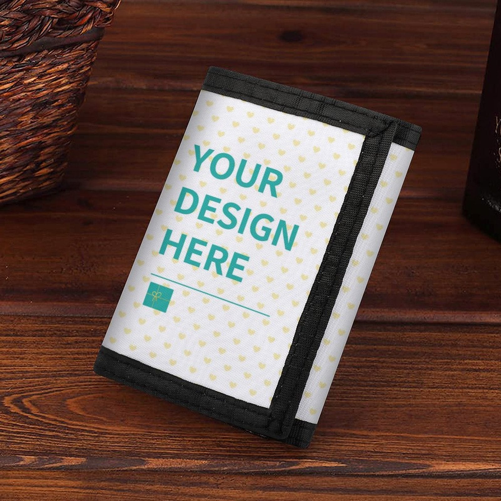 Custom Trifold Wallet, polyester material, featuring 'YOUR DESIGN HERE' design, black trim, perfect gift