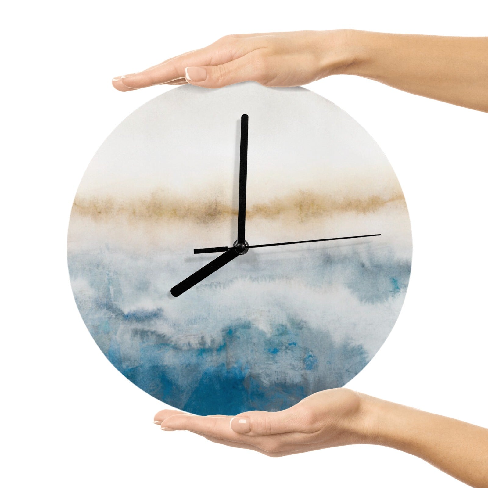 Modern blue MDF wall clock with abstract watercolor design, perfect for living room decor.
