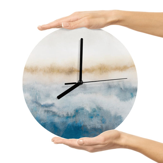 Modern blue MDF wall clock with abstract watercolor design, perfect for living room decor.