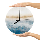 Modern blue MDF wall clock with abstract watercolor design, perfect for living room decor.