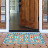 Teal My Life Entrance Door Mat with diamond patterns, placed at a wooden door entrance. For indoor or outdoor use.