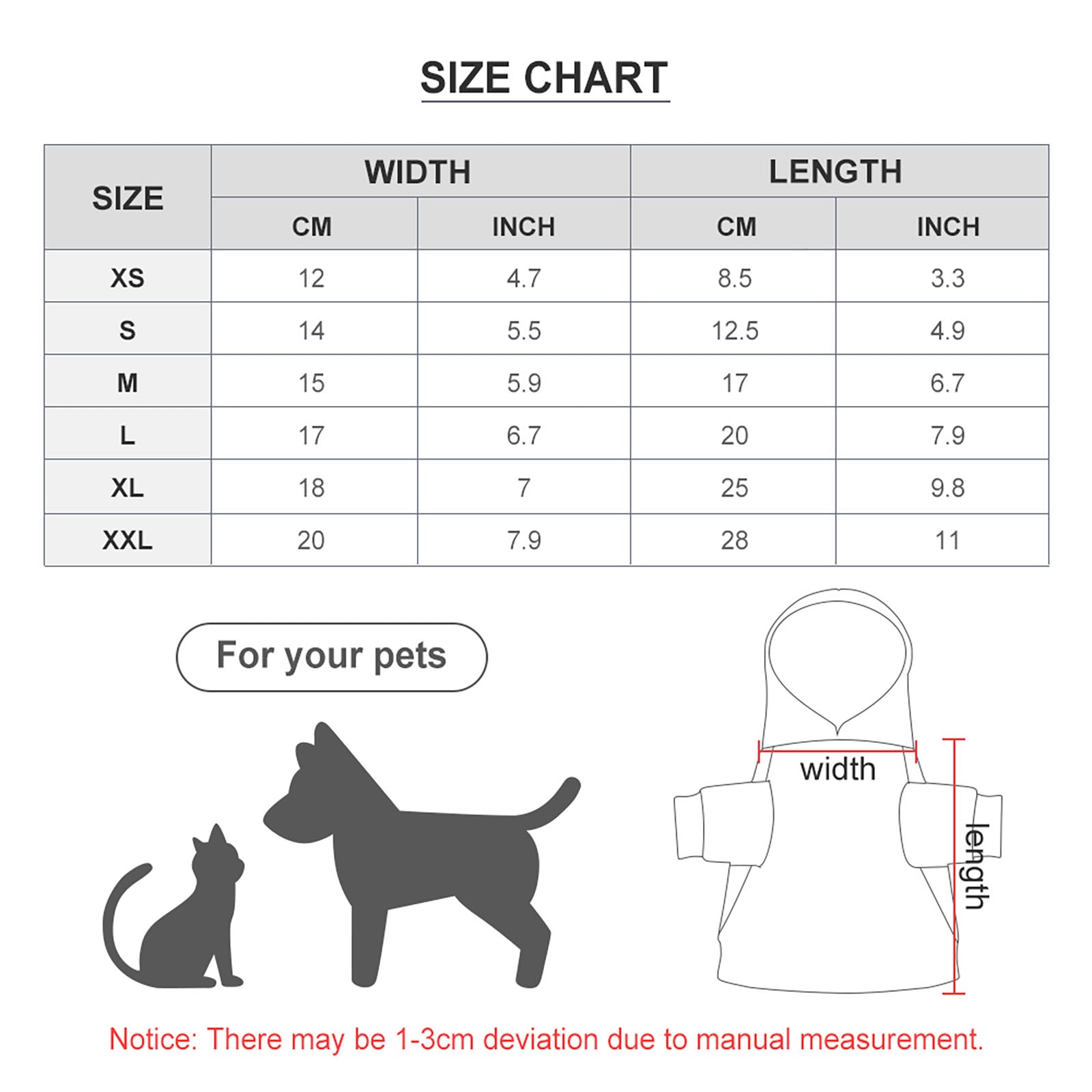 Custom dog sweater size chart with width and length measurements; comfortable pet clothes.