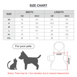 Custom dog sweater size chart with width and length measurements; comfortable pet clothes.