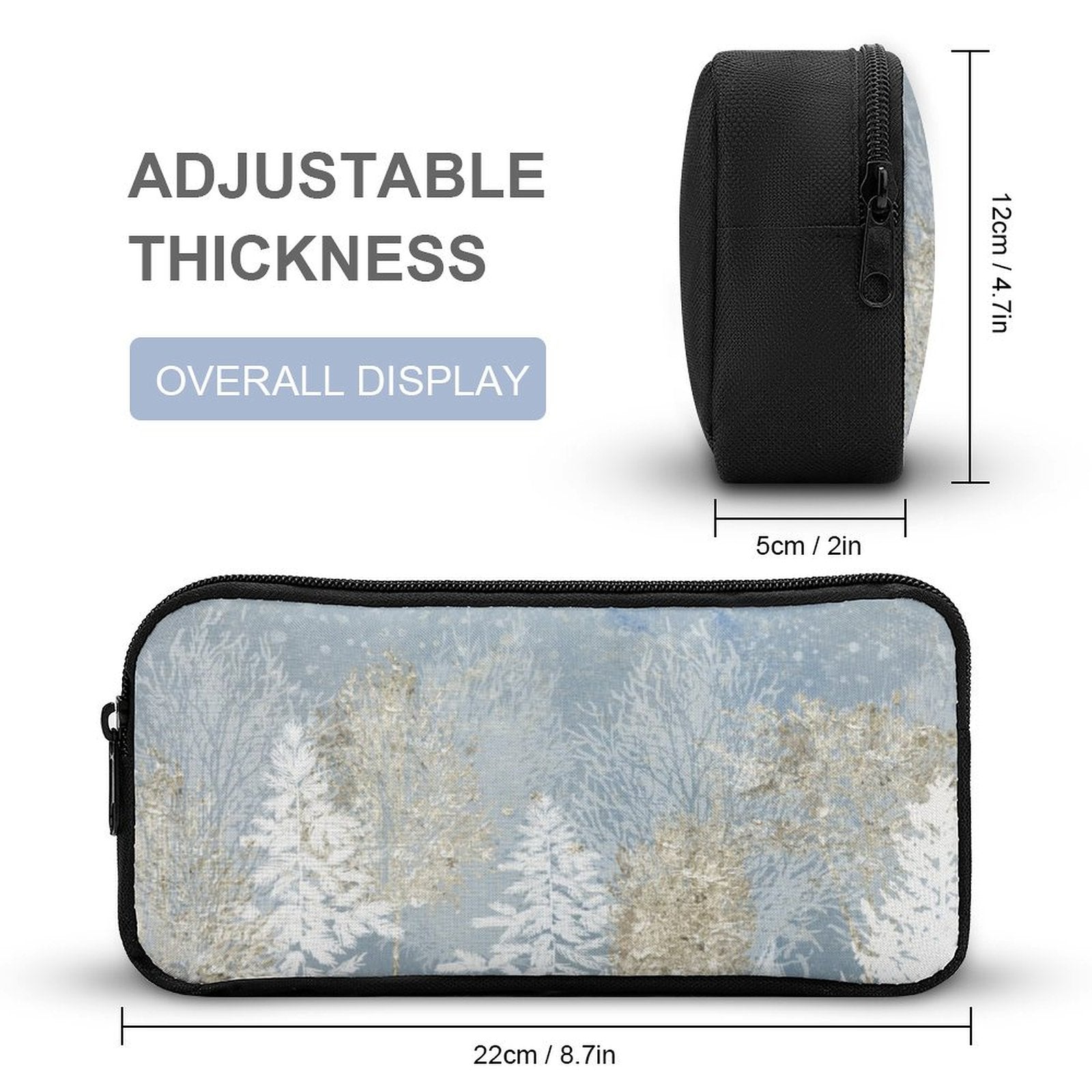 Customizable pencil case with winter forest design, large capacity, and adjustable thickness for school or office use.