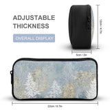 Customizable pencil case with winter forest design, large capacity, and adjustable thickness for school or office use.