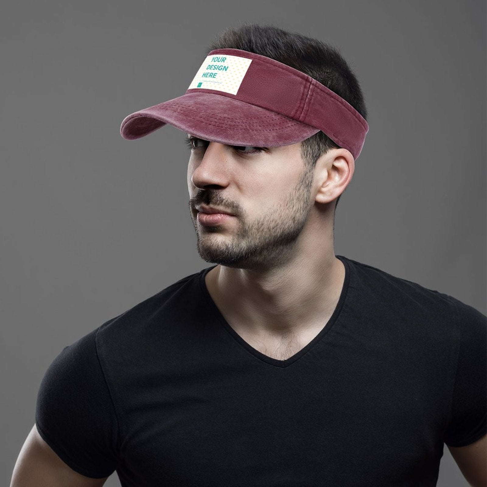 Maroon denim leaky top visor hat with 'YOUR DESIGN HERE' custom design, perfect for sun protection and outdoor activities.