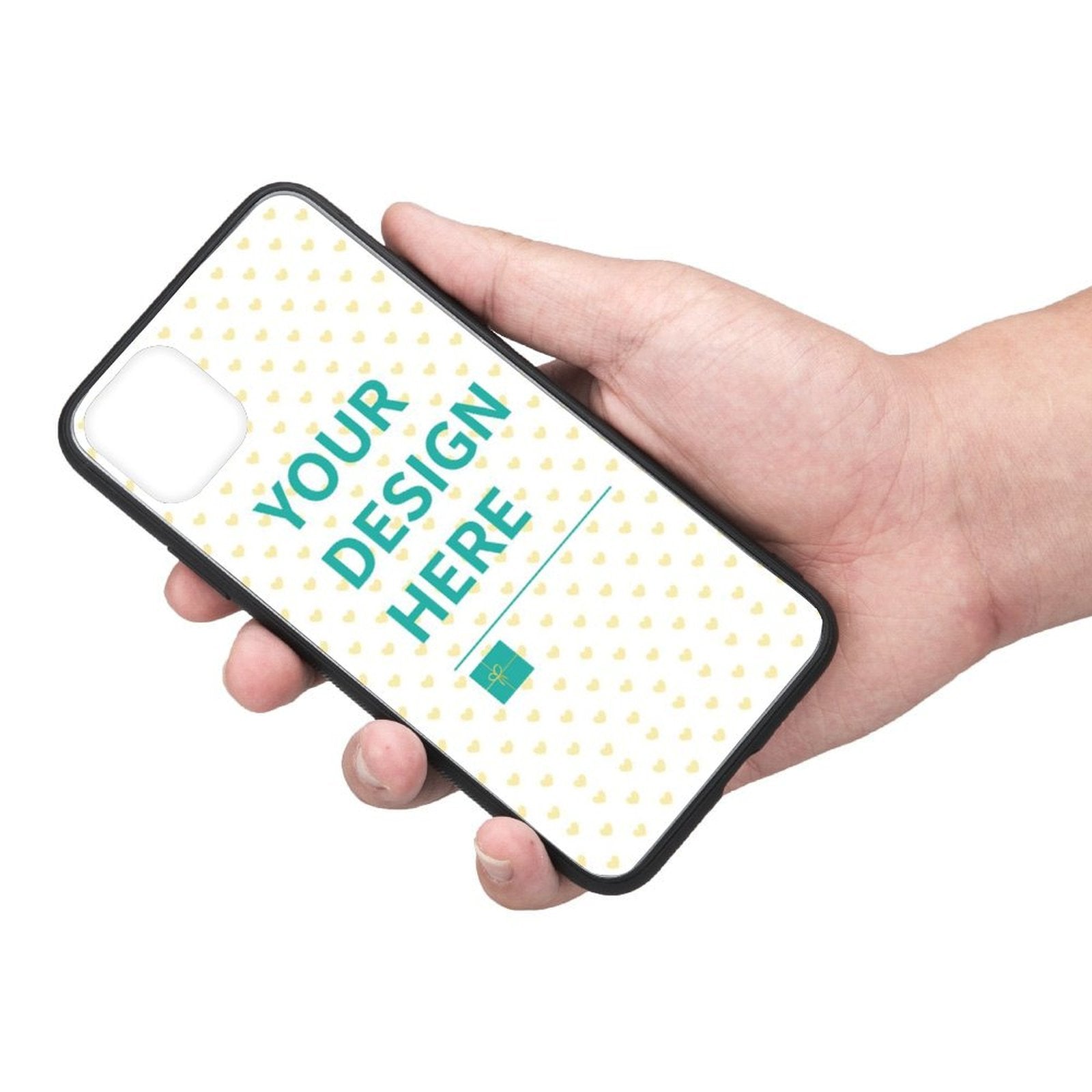 Custom iPhone 11 Pro Max case with 'YOUR DESIGN HERE' text, black border, soft TPU and glass cover