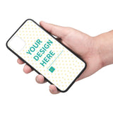 Custom iPhone 11 Pro Max case with 'YOUR DESIGN HERE' text, black border, soft TPU and glass cover