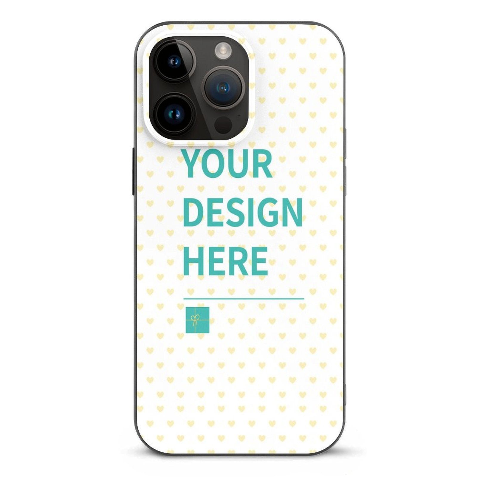 Custom iPhone 14 case with 'YOUR DESIGN HERE' design, heart pattern, TPU material