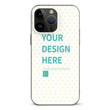 Custom iPhone 14 case with 'YOUR DESIGN HERE' design, heart pattern, TPU material
