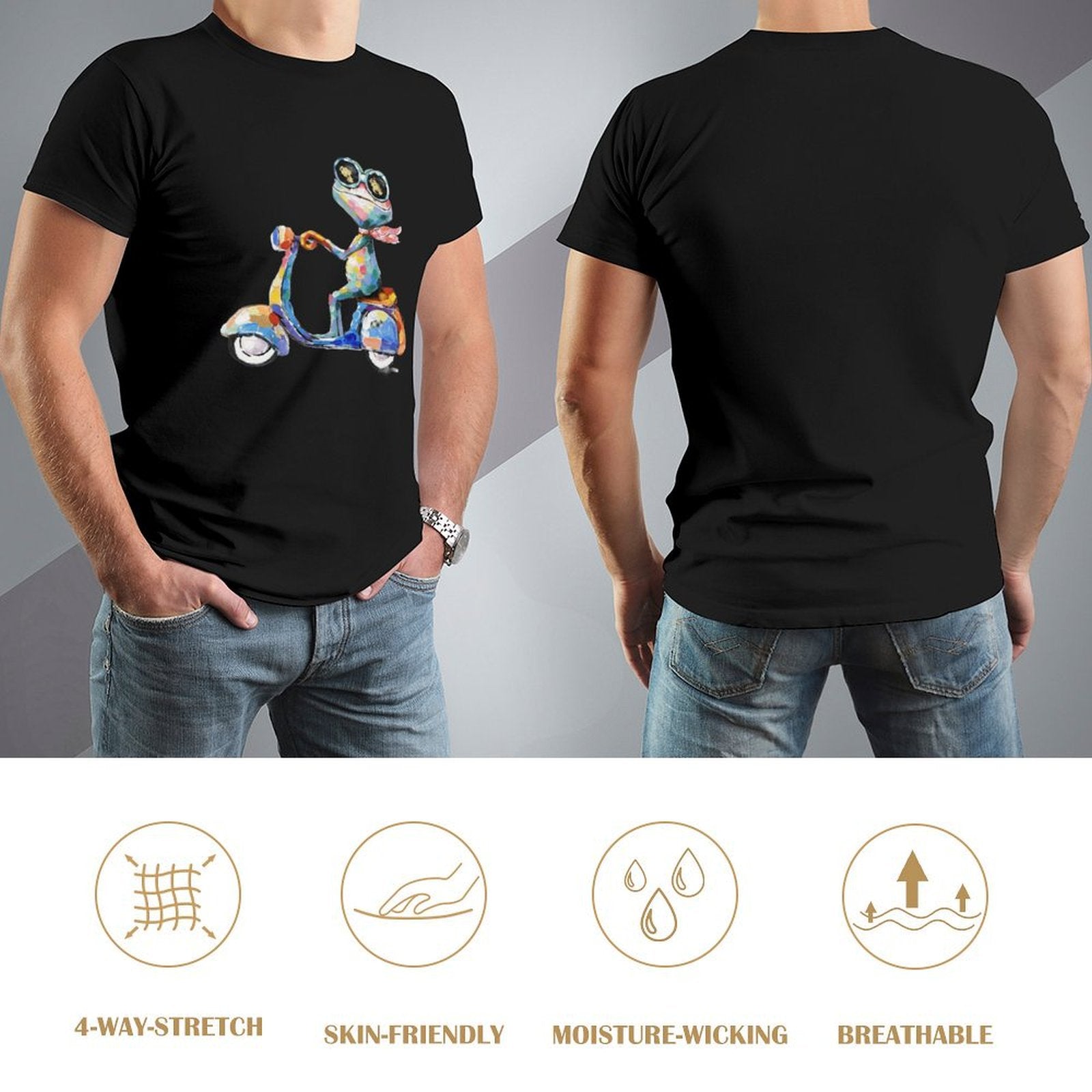 Black Men's T-shirt with frog on scooter design, comfortable and breathable. Classic Tees for Men.