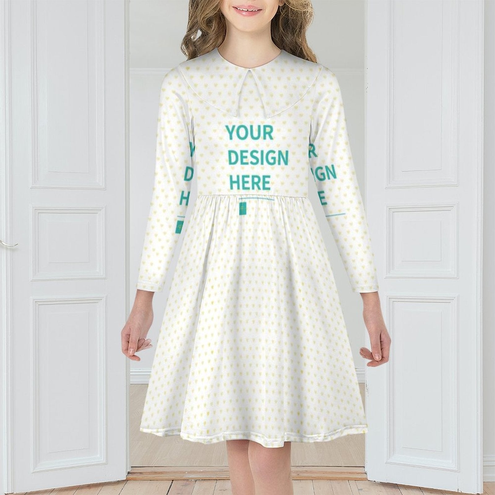 Customizable long sleeve toddler girl dress with heart pattern, 'Your Design Here' for unique designs, perfect gift.