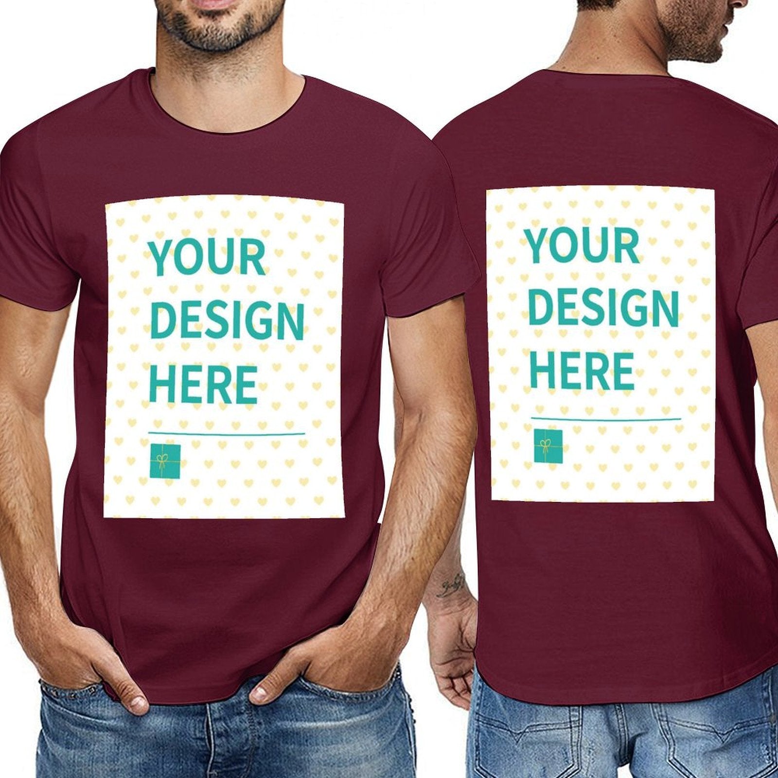 MyArtsyGift custom men's double-sided t-shirt with 'YOUR DESIGN HERE' print. Cotton fabric, short sleeve.