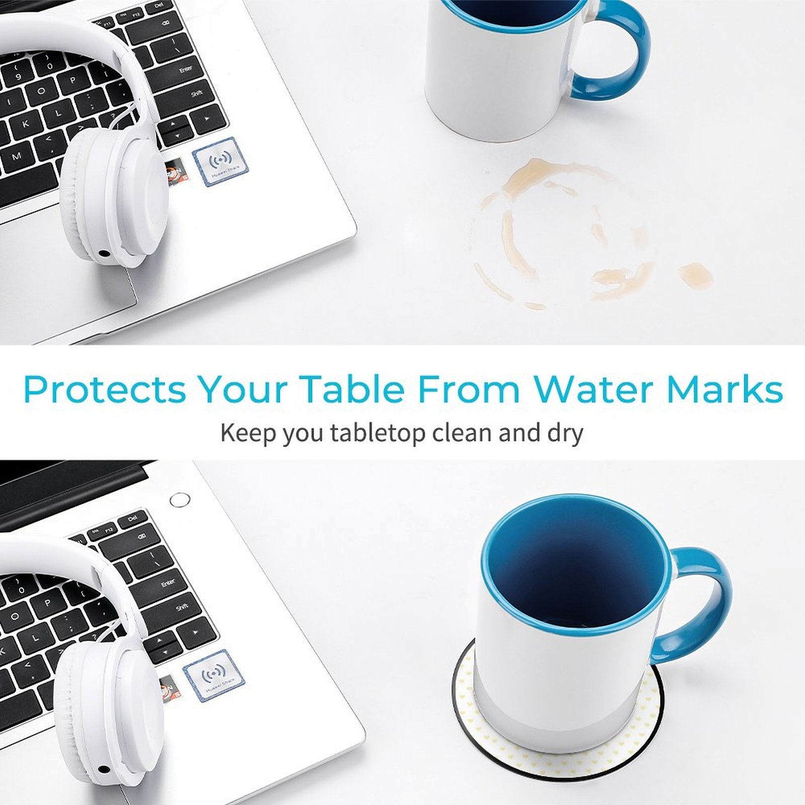 Protective coasters for drinks, with coffee cup, protects table from water marks.