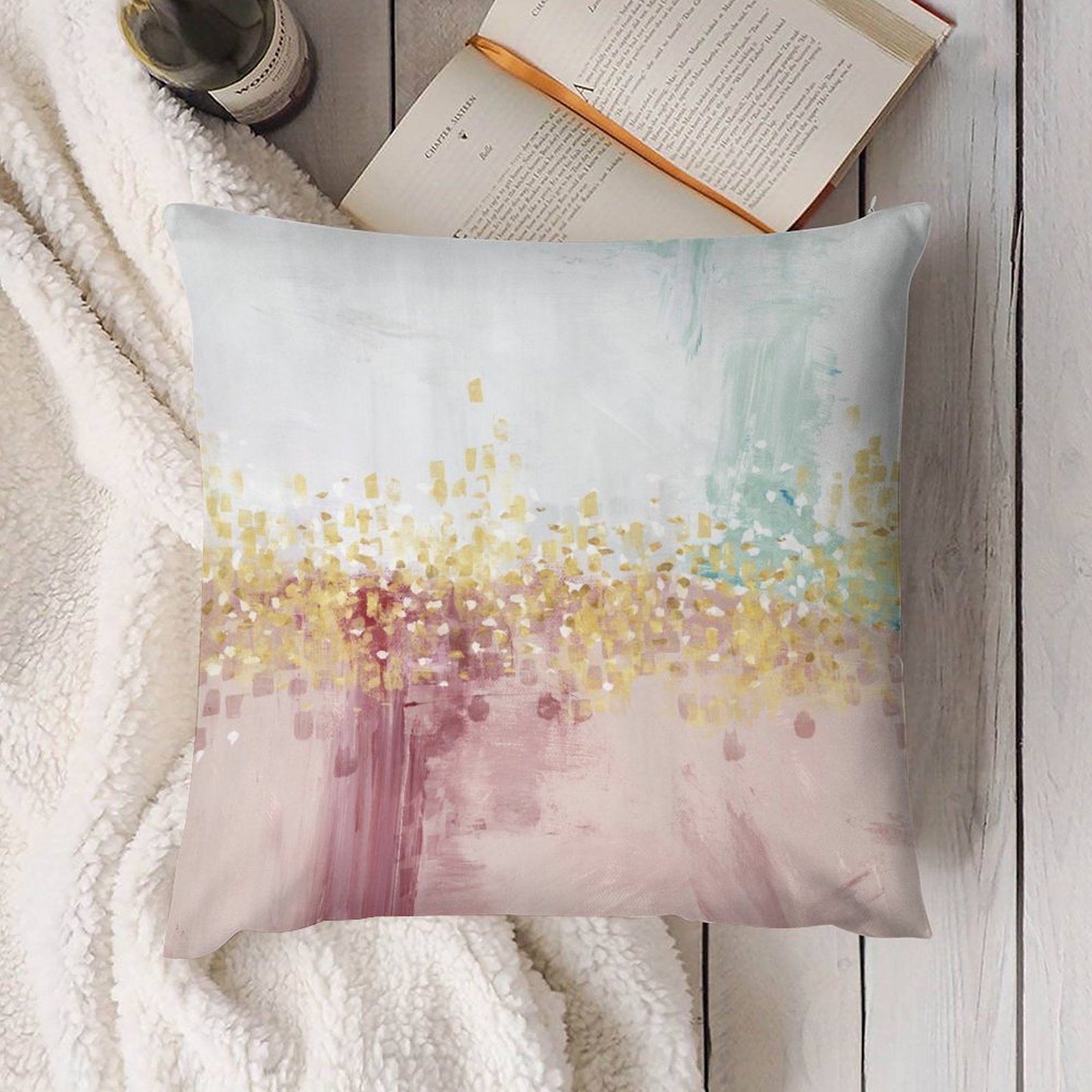 Abstract art throw pillow cover with gold, pink, and blue design, soft short plush material, decorative sofa pillow.