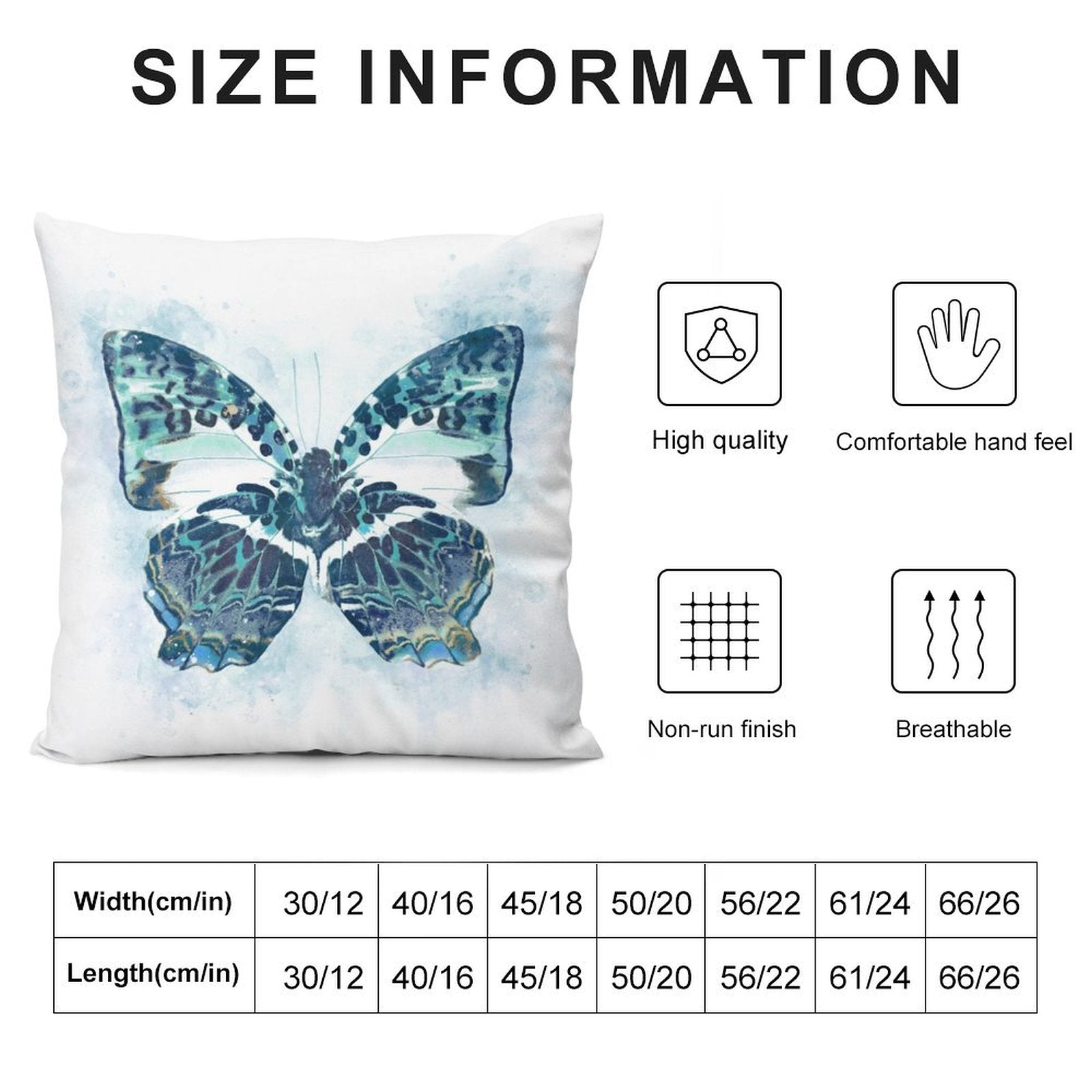 Teal and blue watercolor butterfly pillow cover, soft plush material, decorative for sofa or bedroom