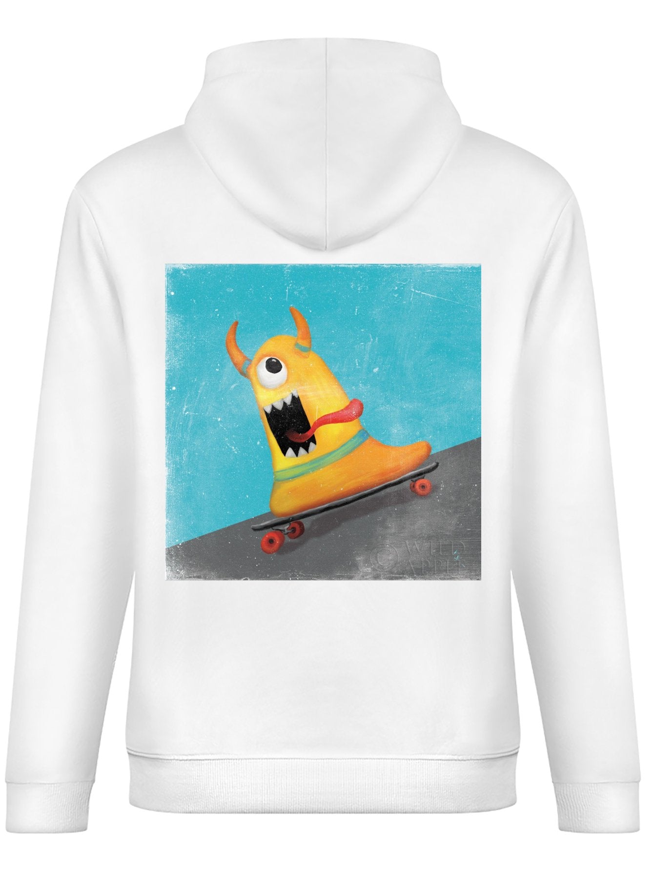 Men's white hooded sweatshirt featuring an Xtreme Monsters IV design of a monster on a skateboard, comfortable fabric.