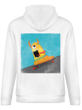 Men's white hooded sweatshirt featuring an Xtreme Monsters IV design of a monster on a skateboard, comfortable fabric.
