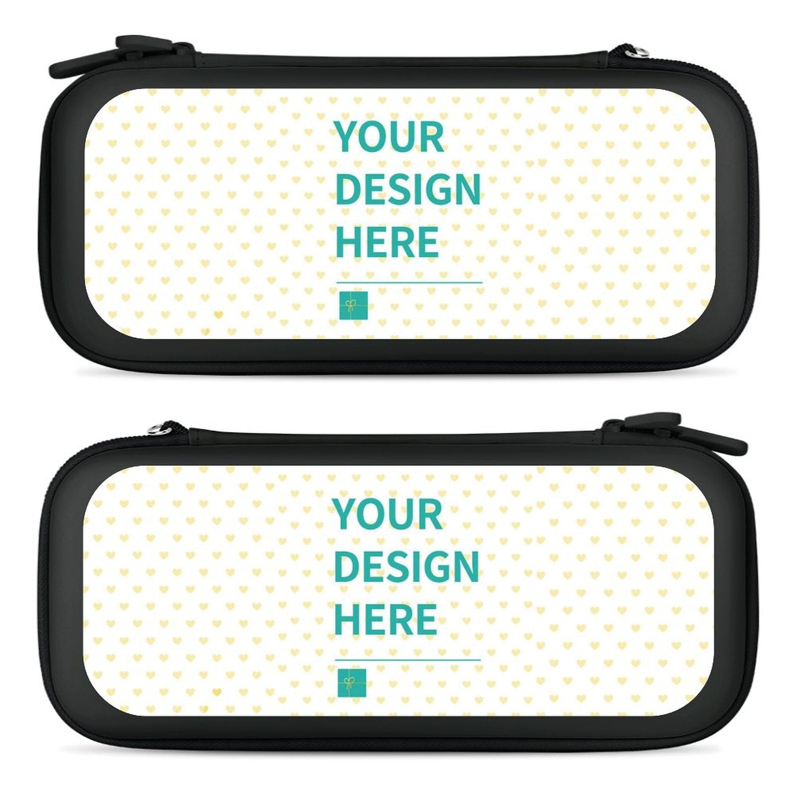 Black customizable Nintendo Switch carrying case with 'YOUR DESIGN HERE' text, featuring EVA material for protection.