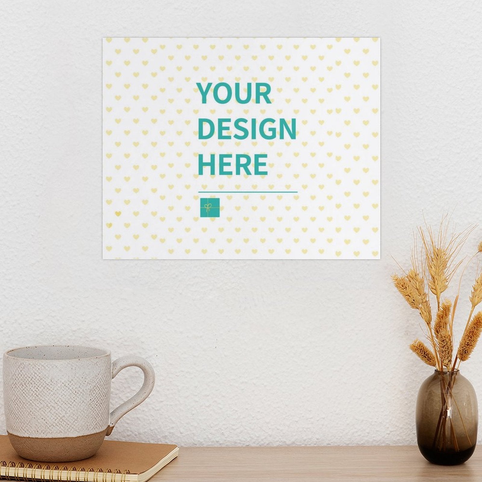 Custom canvas print with 'YOUR DESIGN HERE' text. Personalized wall art with heart pattern. Home decor mockup.