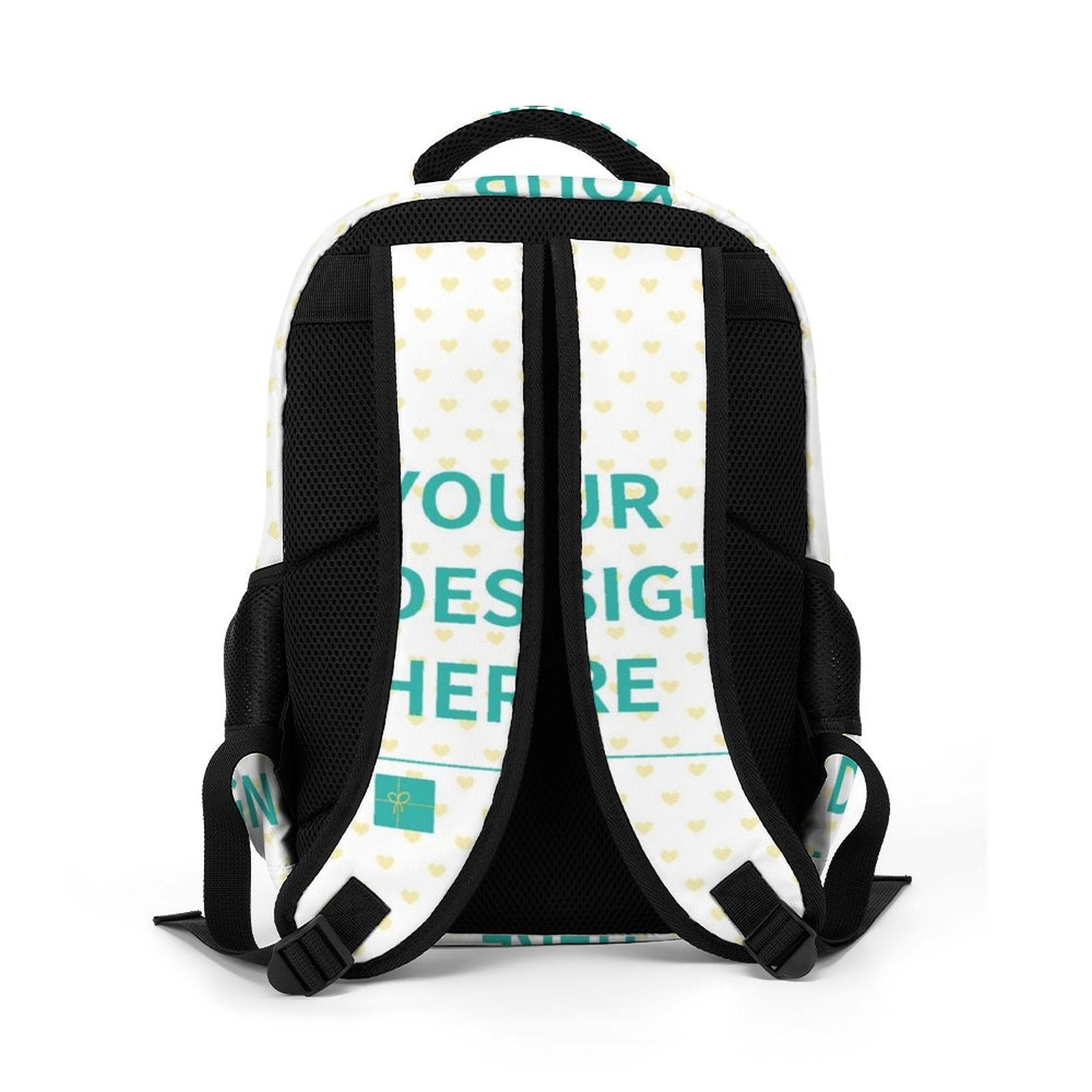 Customizable kids backpack with 'Your Design Here' and heart pattern, perfect for school