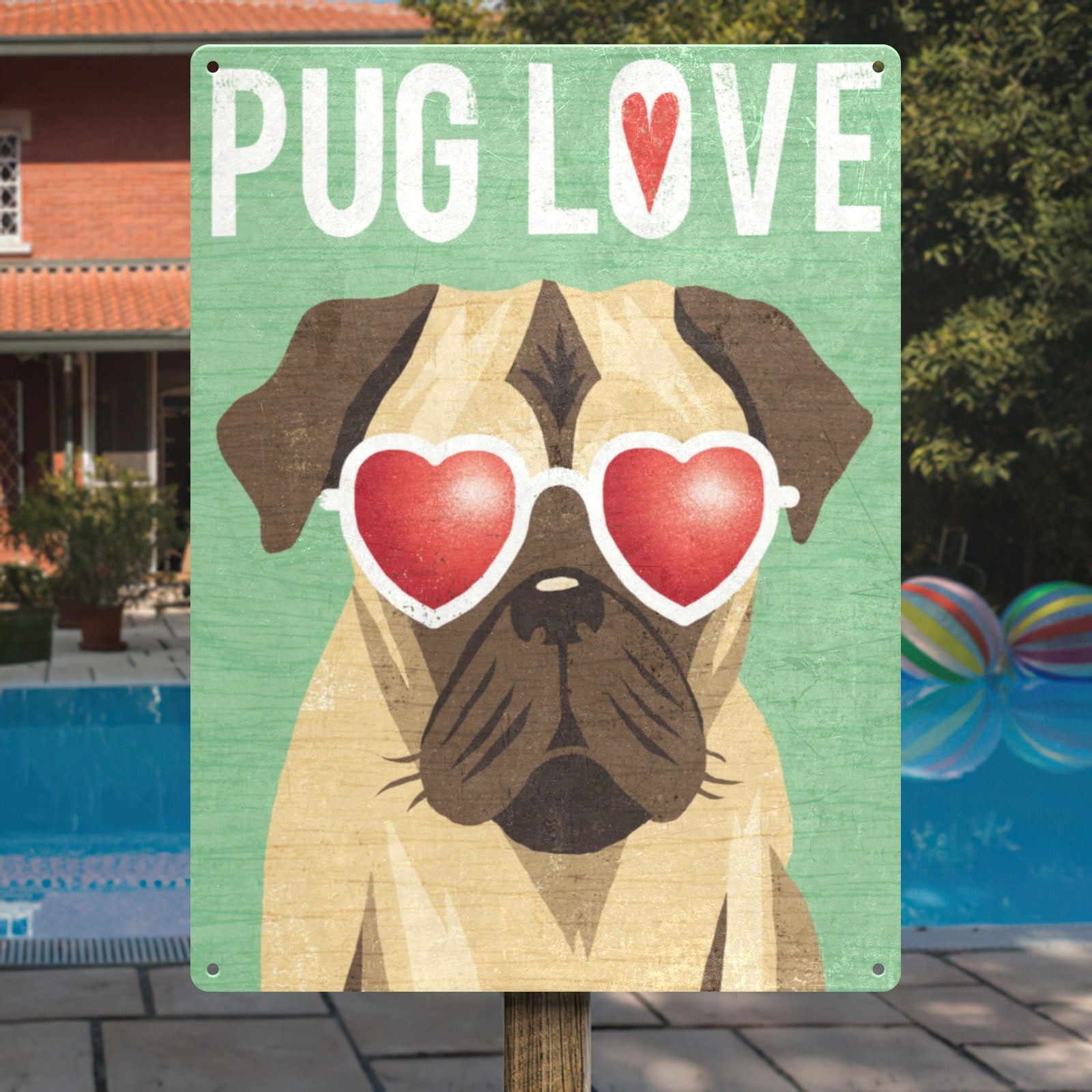 Metal PUG LOVE sign, pug wearing heart sunglasses, USA made iron wall art, for dog lovers
