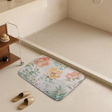 Coral velvet bath rug with watercolor floral design, non-slip for bathroom