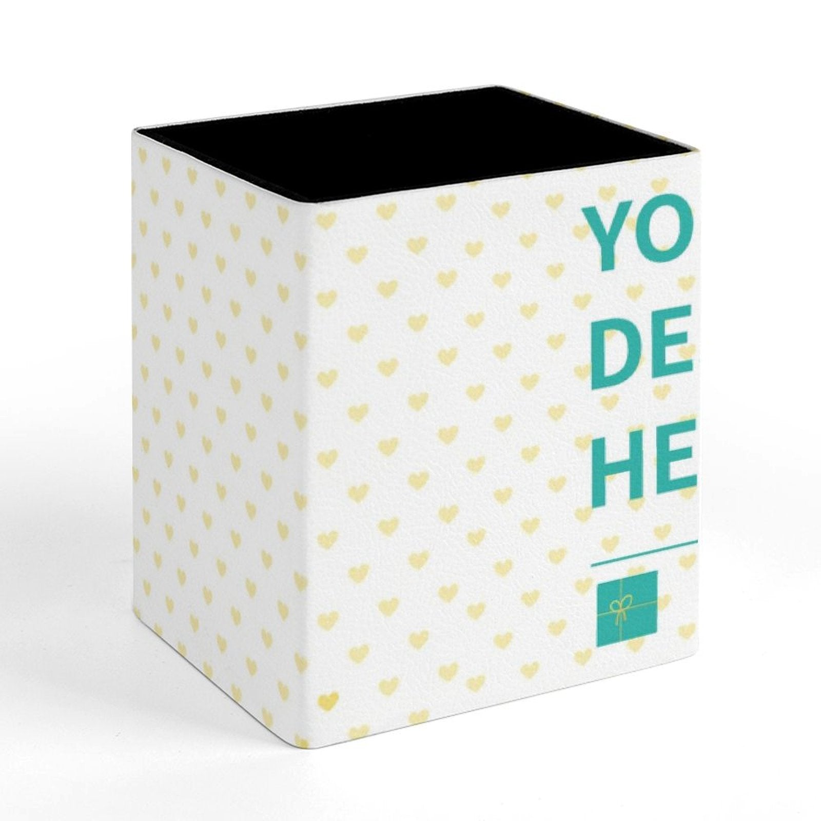 Personalized square leather pen holder with heart pattern and 'YO DE HE' text, office desk organizer, a gift from MyArtsyGift