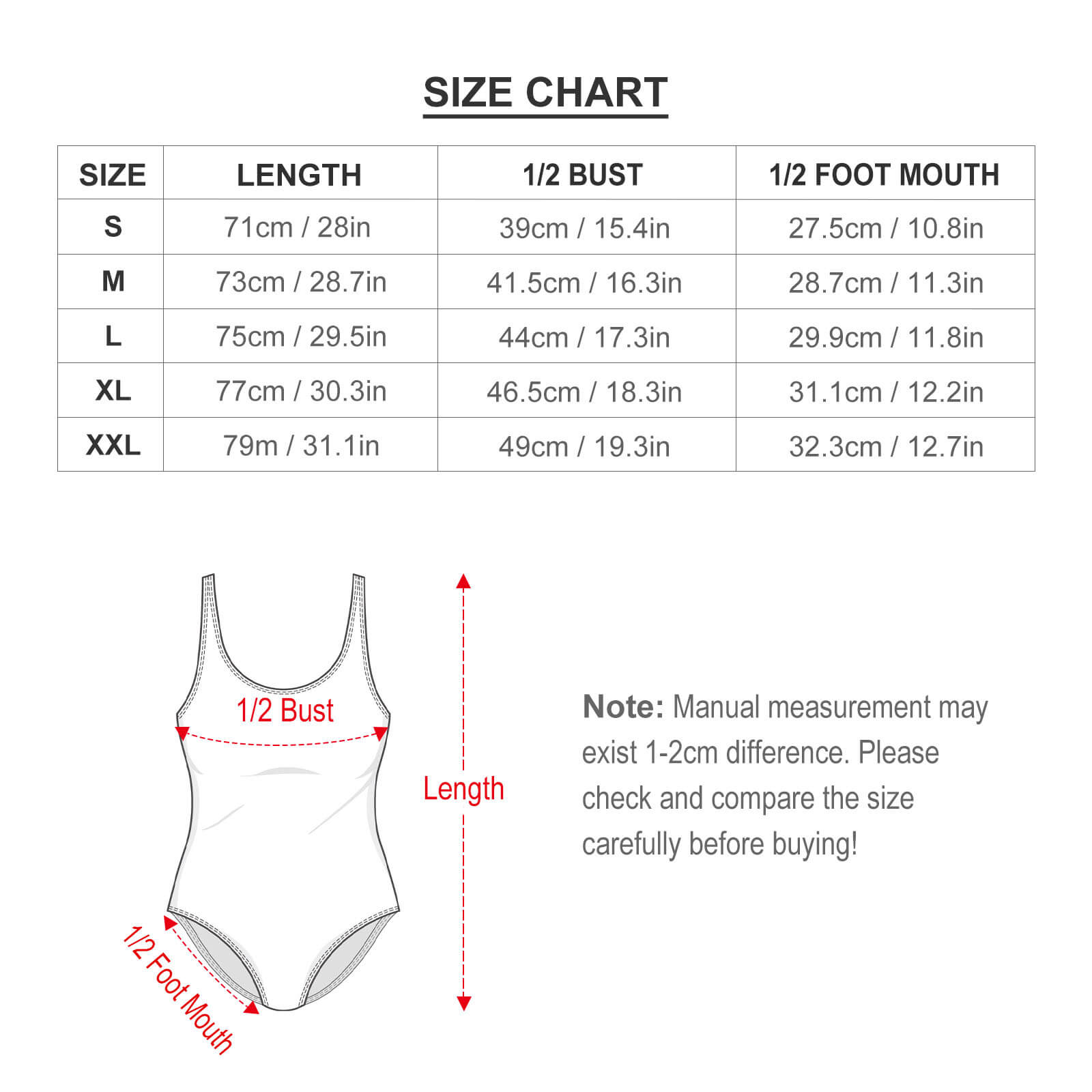 One-piece swimsuit size chart from MyArtsyGift. Includes length, bust, and foot measurements for personalized bathing suits.