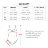 One-piece swimsuit size chart from MyArtsyGift. Includes length, bust, and foot measurements for personalized bathing suits.