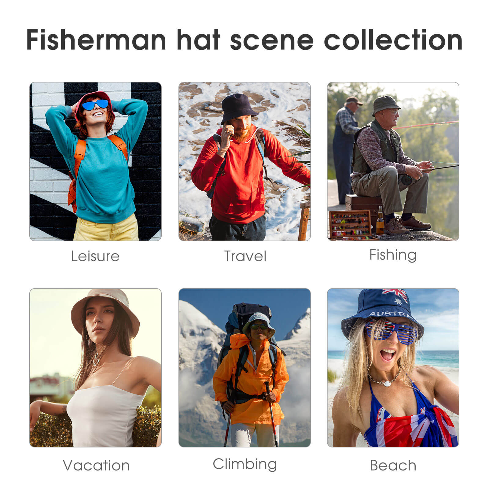 Bucket hat scenes for leisure, travel, fishing, hiking, and beach. Versatile custom fisherman hats for various activities.
